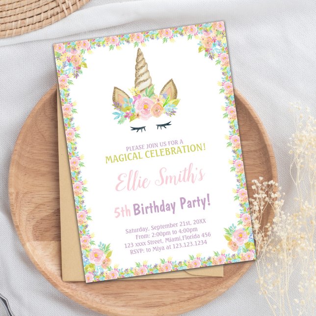 5.ª invitación a unicornio (5th Birthday Unicorn Invitations)