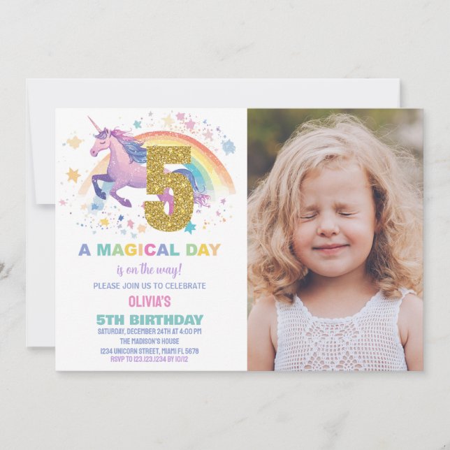 5.ª invitación a unicornio para el cumpleaños con  (Anverso)