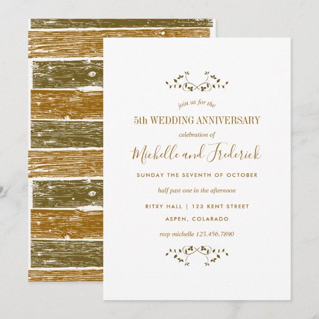 5.ª invitación al aniversario de un Boda de madera (Anverso / Reverso)