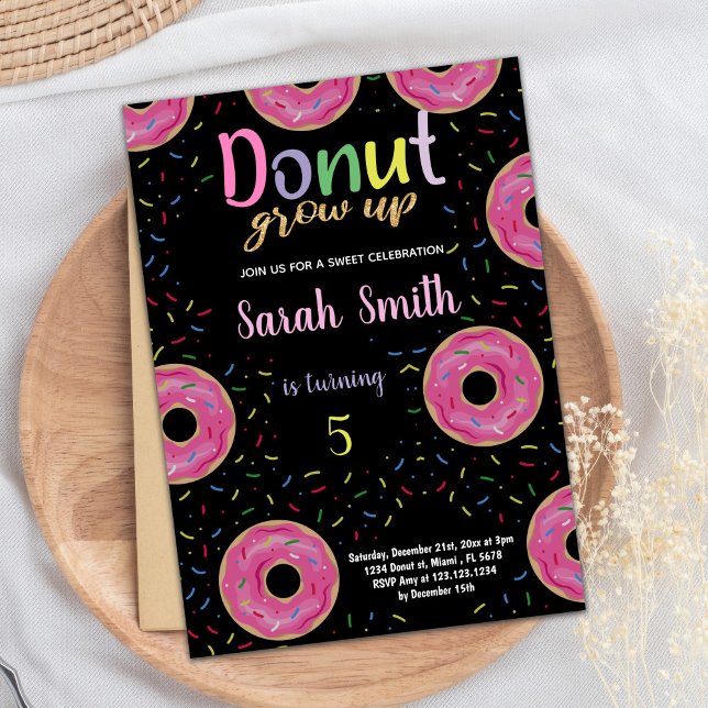 5.ª invitación de cumpleaños de donut rosado negro (5th Black Pink Donut Birthday Invitations)