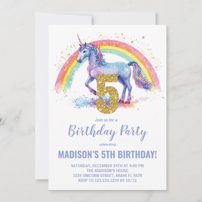 5.ª invitación de cumpleaños de Rainbow Unicorn (Anverso)