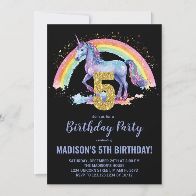 5.ª invitación de cumpleaños de Rainbow Unicorn (Anverso)