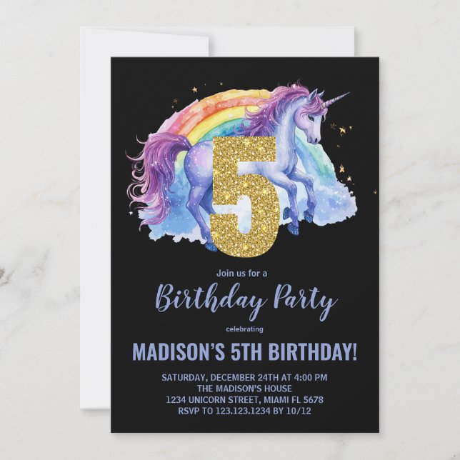 5.ª invitación de cumpleaños de Rainbow Unicorn (Anverso)