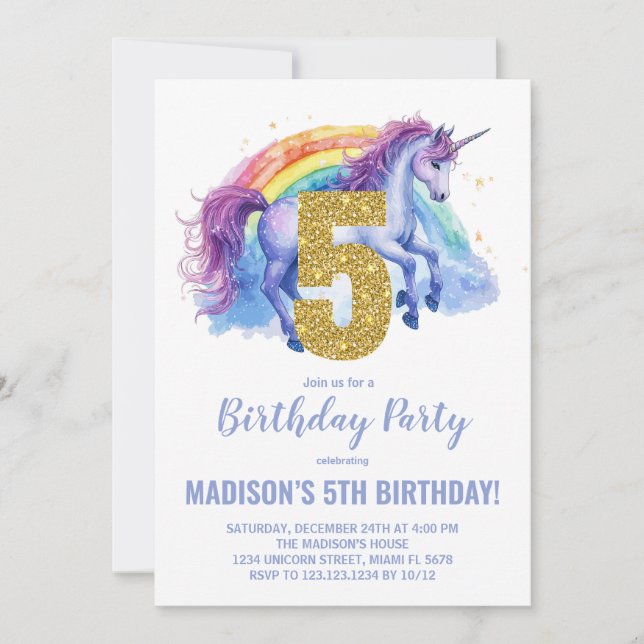 5.ª invitación de cumpleaños de Rainbow Unicorn (Anverso)