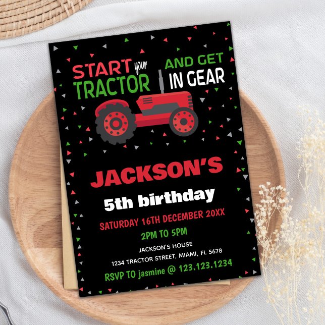 5.ª invitación de cumpleaños de Red Tractor (5th Red Tractor Birthday Invitations)