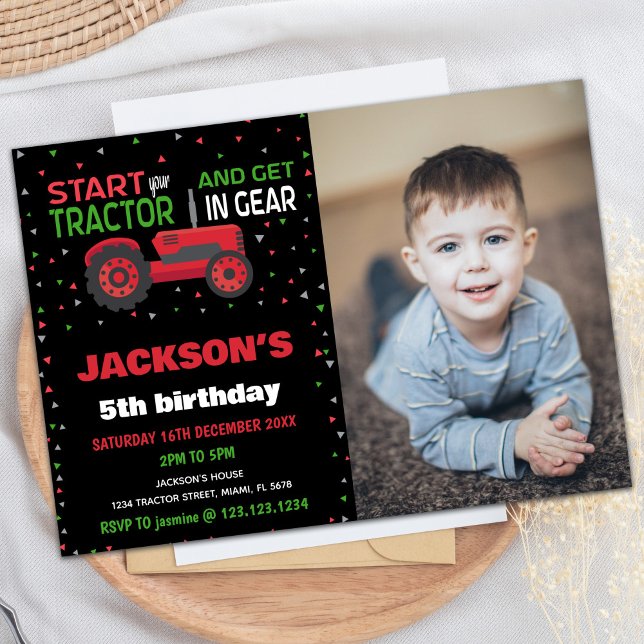 5.ª invitación de cumpleaños de Red Tractor con fo (5th Red Tractor Birthday Invitations with photo)