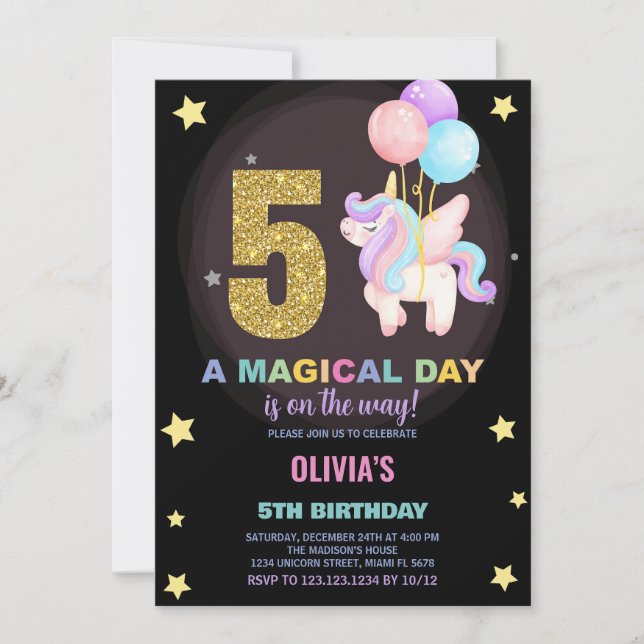 5.ª invitación de cumpleaños de Unicornio (Anverso)