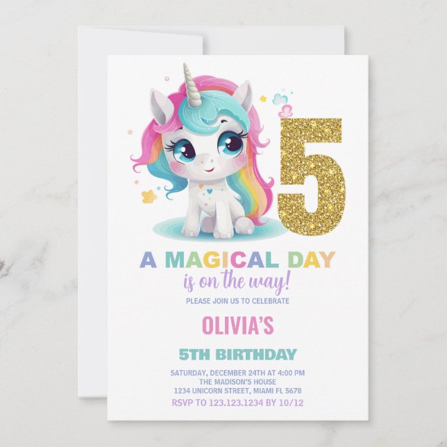 5.ª invitación de cumpleaños de Unicornio (Anverso)