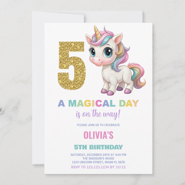 5.ª invitación de cumpleaños de Unicornio (Anverso)