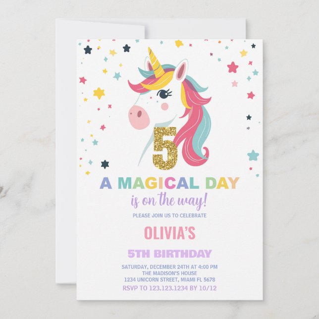 5.ª invitación de cumpleaños de Unicornio (Anverso)