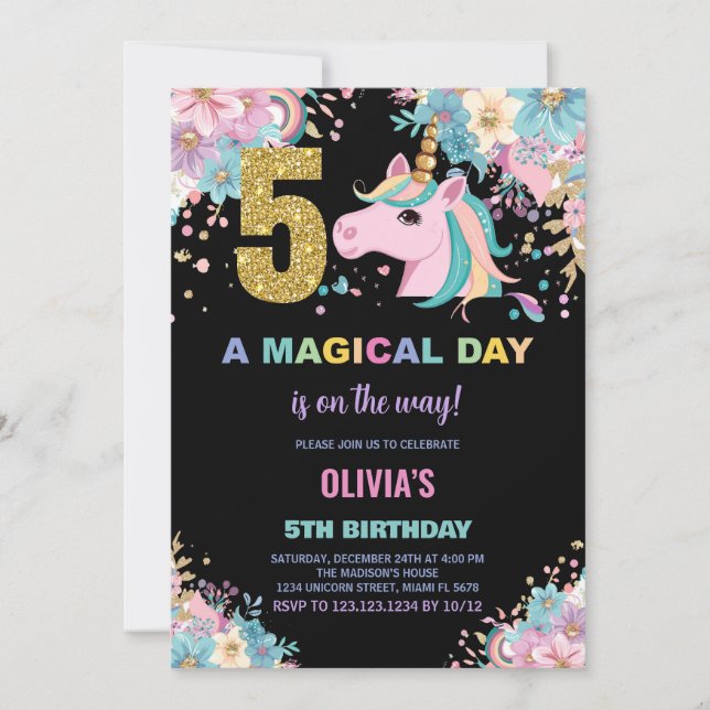 5.ª invitación de cumpleaños de Unicornio (Anverso)
