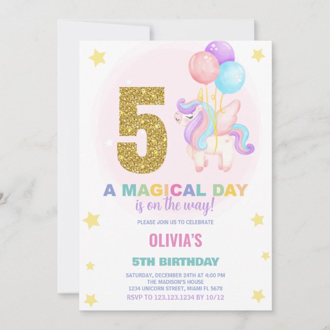 5.ª invitación de cumpleaños de Unicornio (Anverso)