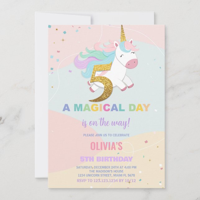 5.ª invitación de cumpleaños de Unicornio (Anverso)