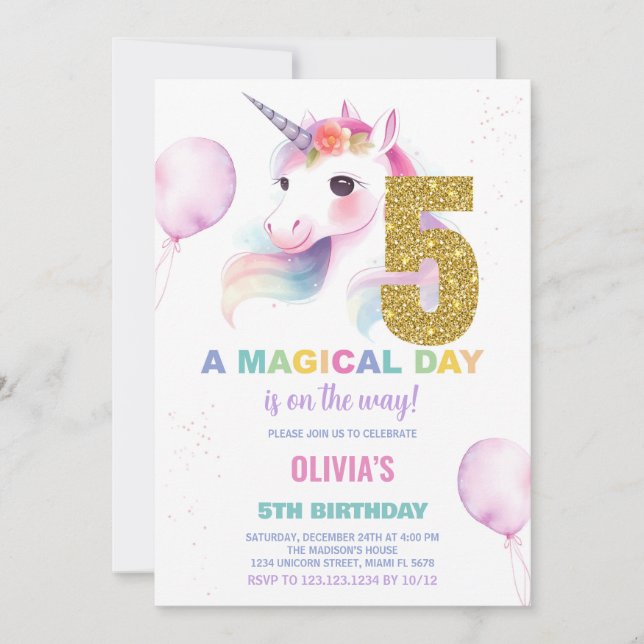 5.ª invitación de cumpleaños de Unicornio (Anverso)