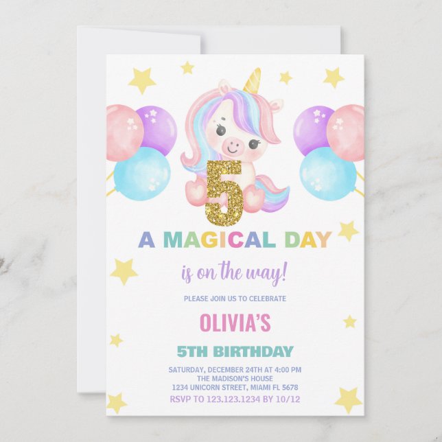 5.ª invitación de cumpleaños de Unicornio (Anverso)