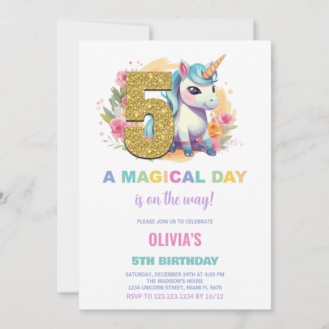 5.ª invitación de cumpleaños de Unicornio (Anverso)