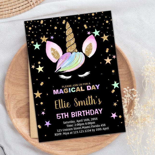 5.ª invitación de cumpleaños de Unicornio negro (5th Black Unicorn Birthday Invitations)