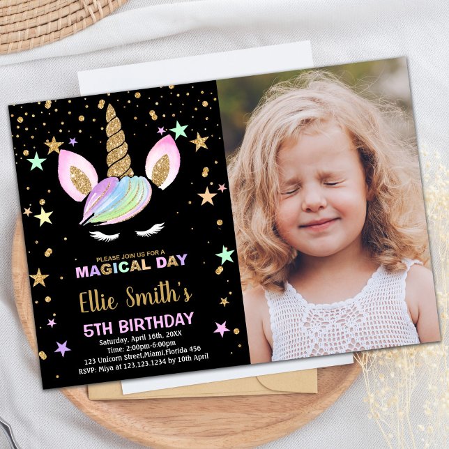 5.ª invitación de cumpleaños de Unicornio negro co (5th Black Unicorn Birthday Invitations with photo)