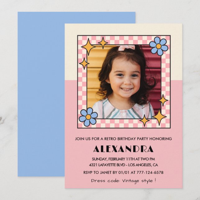 5.ª invitación de cumpleaños Flores Rosa Retro Gro (Anverso / Reverso)