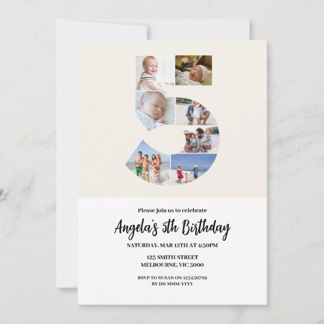 5.ª invitación de cumpleaños Minimalista - Número  (Anverso)