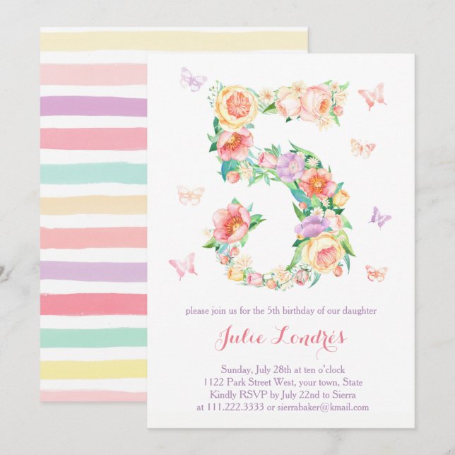 5.ª invitación de cumpleaños para Chica con maripo (Anverso / Reverso)