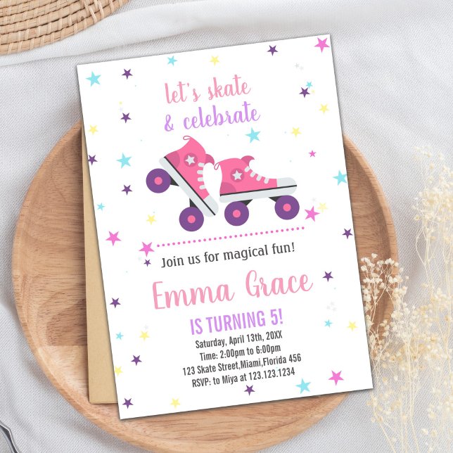 5.ª Invitación de cumpleaños para patinar sobre pú (5th Pink Purple Skating Birthday Invitations)
