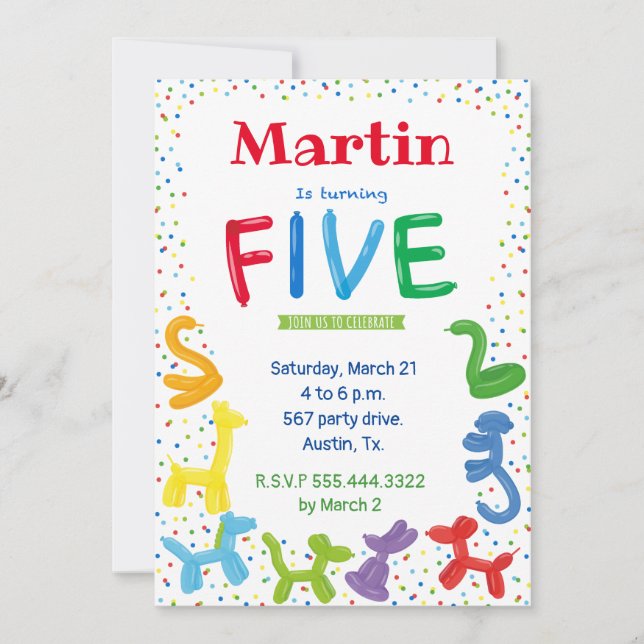 5.ª invitación de globos de animales de cumpleaños (Anverso)