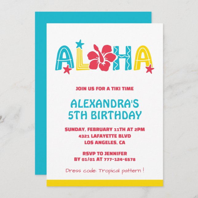 5.ª invitación para el cumpleaños Tropical Aloha H (Anverso / Reverso)