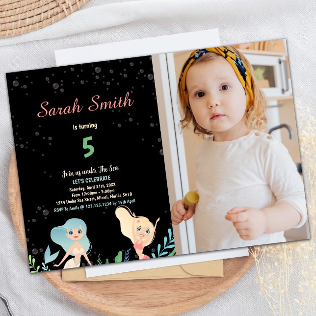5.ª sirena rubia invitaciones de cumpleaños con fo (5th Blond Mermaid Birthday Invitations with photo)