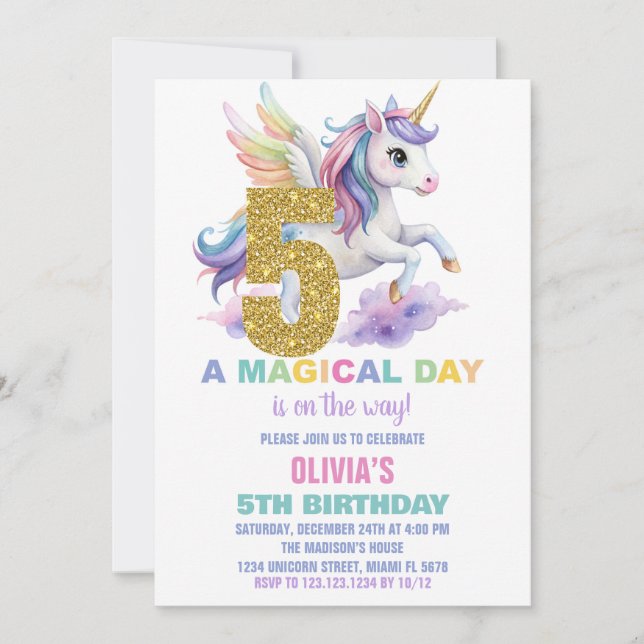 5.ª unicornio arcoiris invitaciones a los cumpleañ (Anverso)