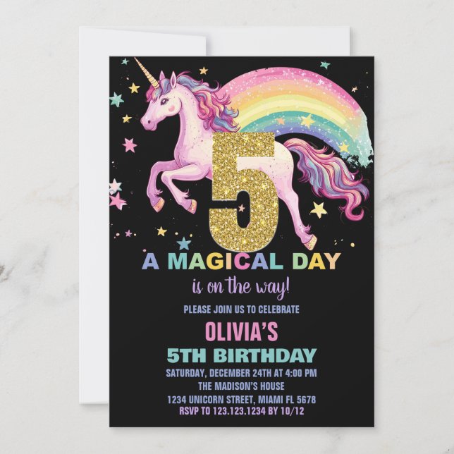 5.ª unicornio invitaciones de cumpleaños negro (Anverso)