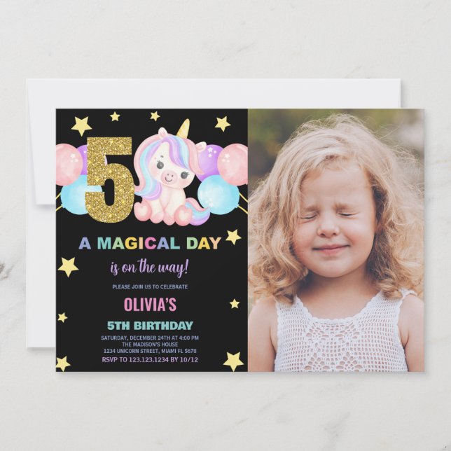 5.º cumpleaños de Unicornio invitaciones de cumple (Anverso)