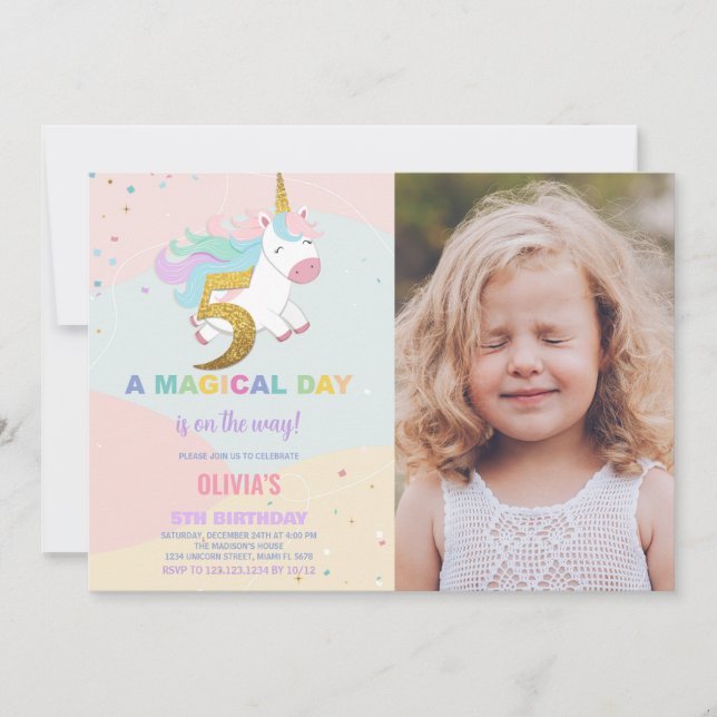 5.º cumpleaños de Unicornio invitaciones de cumple (Anverso)