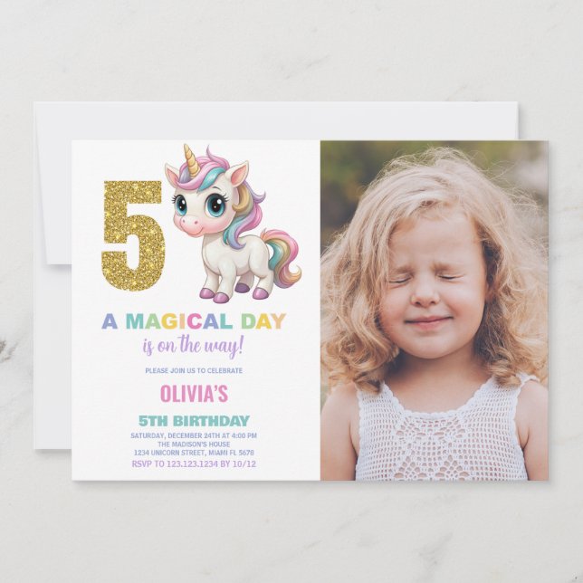 5.º cumpleaños de Unicornio invitaciones de cumple (Anverso)