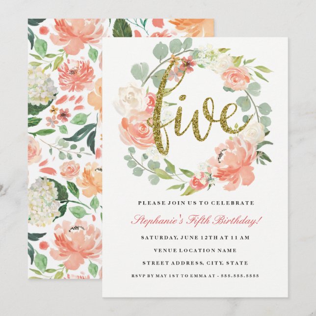 5.º cumpleaños Invitación a la flor de oro rosado (Anverso / Reverso)