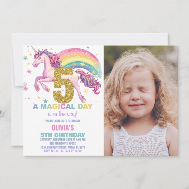 5.º unicornio invitaciones de cumpleaños con foto (Anverso)