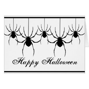 5 arañas de silueta colgando tarjeta de Halloween