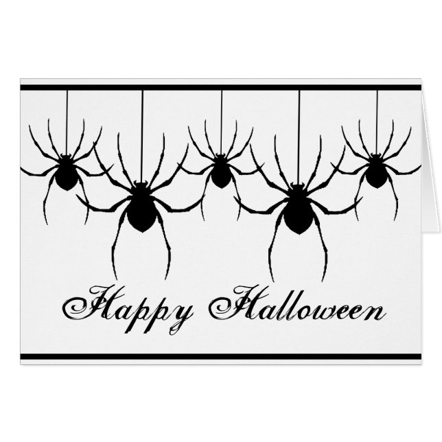 5 arañas de silueta colgando tarjeta de Halloween (Anverso (Horizontal))