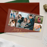 5 collage de fotos oro Tarjeta de escritura de nav<br><div class="desc">Elegante y elegante guión de caligrafía clásica de Faux Christmas de oro de la Feliz Navidad cinco fotos de familia clara tarjeta de vacaciones acrílicas transparentes con tu personalizado texto personalizado en ambos lados. OBSERVE que el color de fondo es modificable. Puede cambiarlo después de seleccionar la opción PERSONALIZAR debajo...</div>