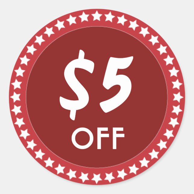 5 Dólares de descuento en ventas Pegatina rojo (Anverso)