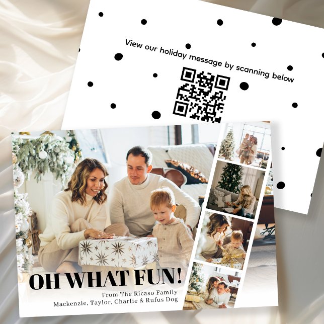 5 Foto Oh Qué Diversión Navidad Código QR (5 Photo Oh What Fun Christmas QR Code Holiday Card by Ricaso. Direct family/friends to message video)