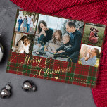 5 fotos Feliz Navidad elegante guión rojo platillo<br><div class="desc">Elegante y elegante escritura de caligrafía clásica de Faux Christmas de oro de lujo cinco fotos familiares de la tarjeta de vacaciones rústica de seta de manta verde roja con tu personalizado texto personalizado en ambos lados.</div>