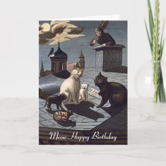 5 gatos cantando en el techo con tarjeta de cumple