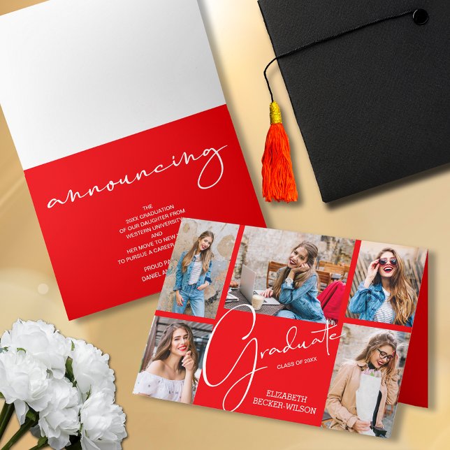 5 Invitación de graduación roja fotográfica (Folded 5 photo collage graduation announcements)