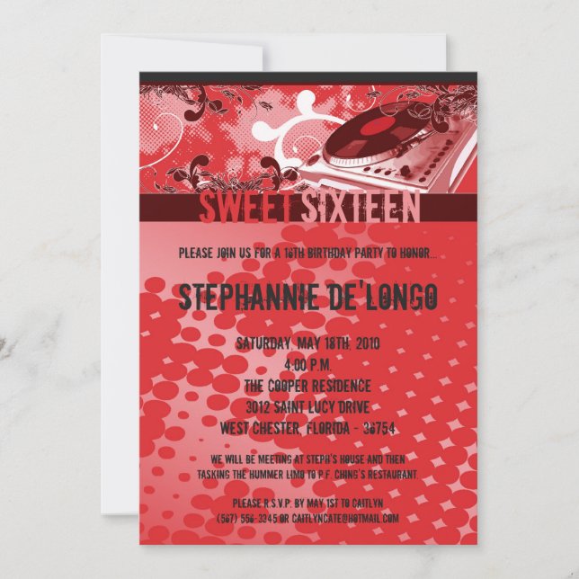 5 x7 Dj rojo girando giratorio16ª invitación de cu (Anverso)