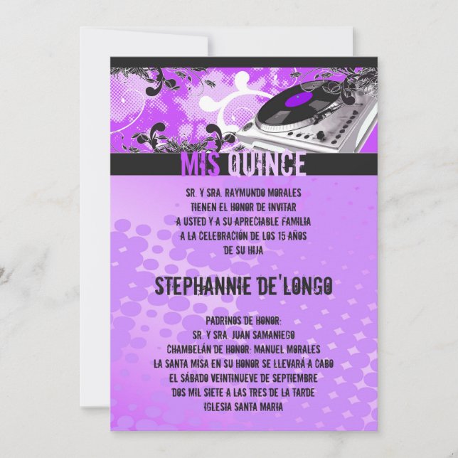 5 x7 Purpl DJ Spin Turnable Quinceanera Invitación (Anverso)