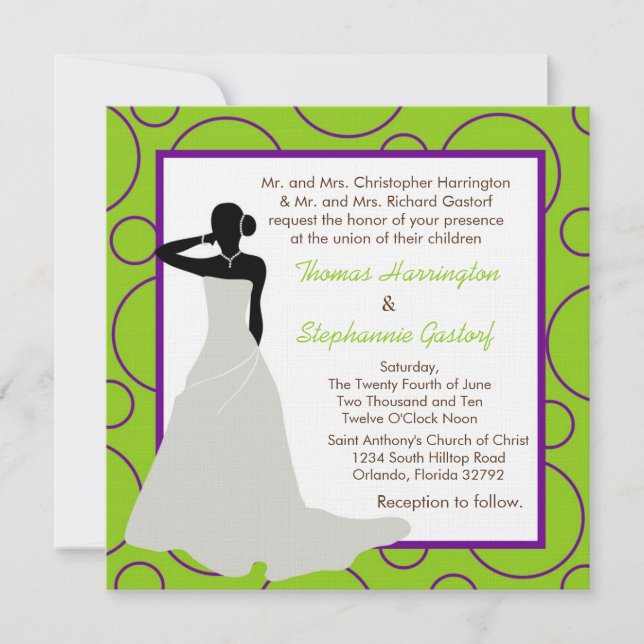 5 x 5 Invitación a la boda de Pok-a-Dot verde eléc (Anverso)
