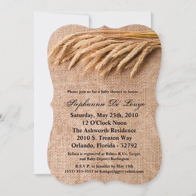 5 x 7 Baby Shower Invitación Trigo en Burlap Sack  (Anverso)