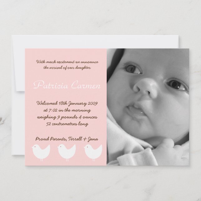 5 x 7 BabyGirl Rosa 3 Aves Foto Anuncio de nacimie (Anverso)