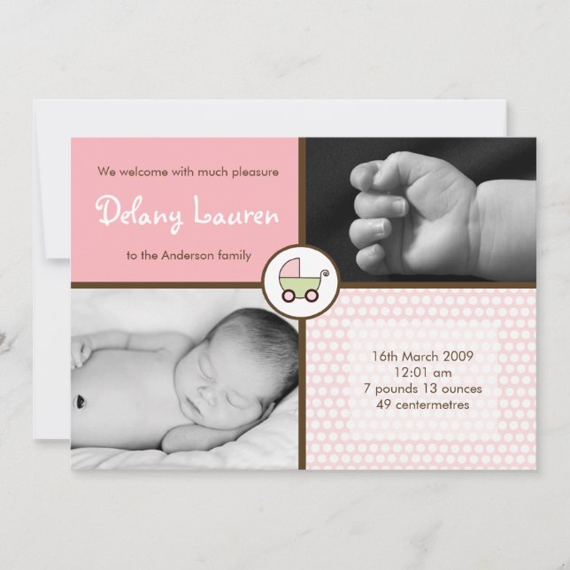 5 x 7 BabyGirlPink Stroller Foto Anuncio de nacimi (Anverso)